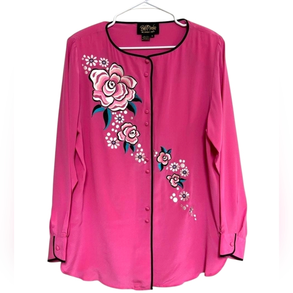 Bob Mackie Wearable Art Shirt Top Blouse Silk Pink Floral Embroidered Artsy Sz L